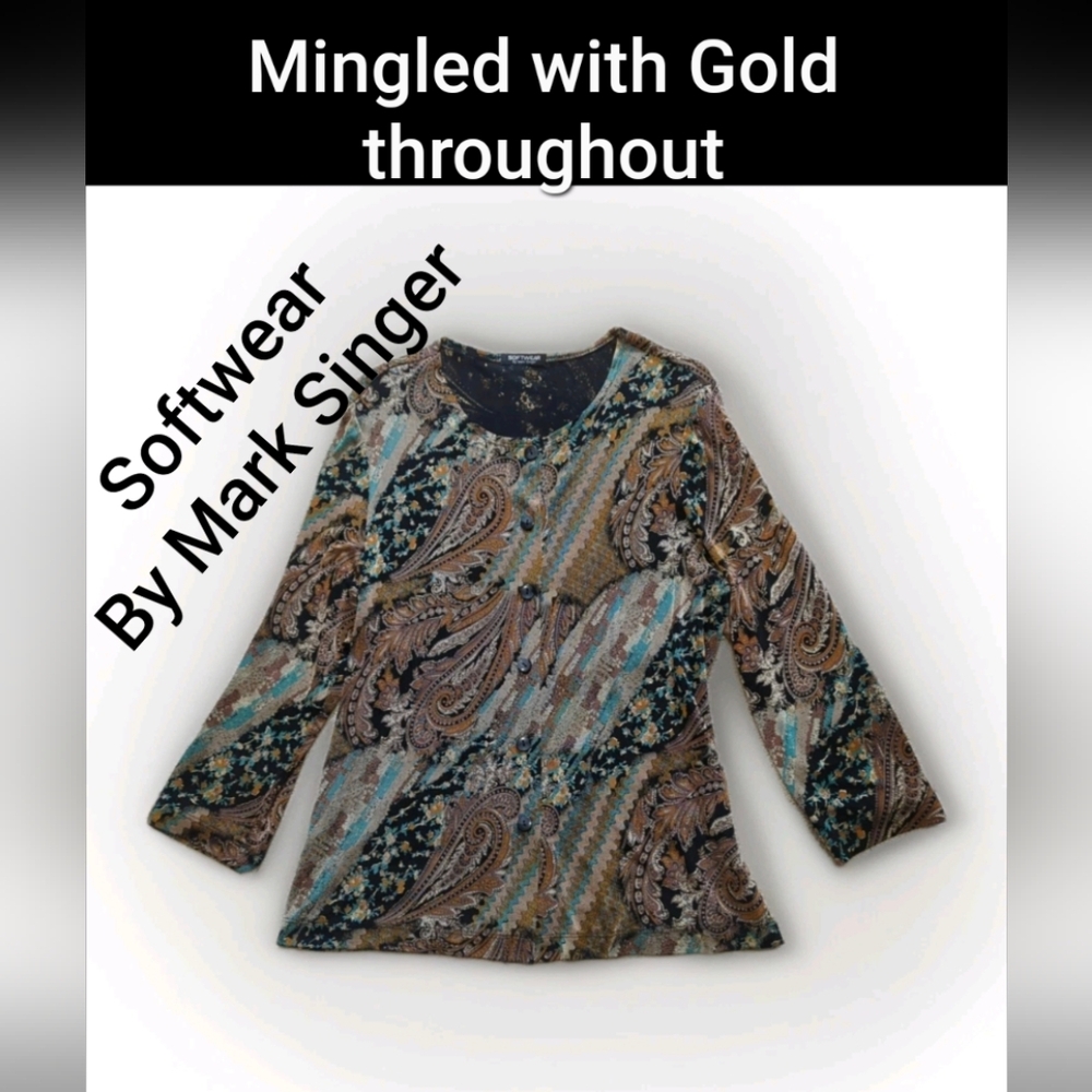 Vintage Softwear By Mark Singer Blouse Floral W/Gold Slinky Fabric